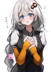  1girl ? absurdres blue_eyes braid breasts highres imamiya_pinoko kizuna_akari large_breasts long_hair own_hands_together solo twin_braids voiceroid white_background white_hair 