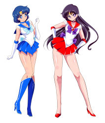  2girls absurdres back_bow bishoujo_senshi_sailor_moon black_hair blue_brooch blue_choker blue_eyes blue_hair blue_sailor_collar blue_skirt boots bow bowtie breasts brooch choker circlet covered_navel earrings elbow_gloves full_body gloves hands_on_own_hips heart heart_brooch highres hino_rei jewelry long_hair magical_girl medium_breasts miniskirt mizuno_ami multiple_girls parted_bangs pleated_skirt purple_bow purple_bowtie red_brooch sailor_collar sailor_mars sailor_mercury sailor_senshi_uniform short_hair skirt smile solo star_(symbol) star_choker stud_earrings super_sailor_mars super_sailor_mercury swept_bangs tachi-e thick_thighs thighs violet_eyes warabimochii white_gloves 
