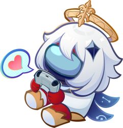  1other among_us brown_halo controller cosplay crewmate_(among_us) game_controller genshin_impact halo heart holding holding_controller holding_game_controller long_sleeves official_art paimon_(genshin_impact) paimon_(genshin_impact)_(cosplay) red_(among_us) spacesuit speech_bubble spoken_heart transparent_background white_hair 