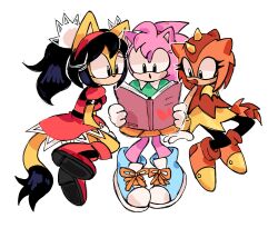  3girls absurdres amy_rose animal_ears black_eyes book boots cat_ears cat_tail closed_mouth dress eyelashes full_body furry furry_female hairband highres holding holding_book honey_the_cat horns long_hair multiple_girls ohkiito_o open_book pink_fur pink_hair puffy_short_sleeves puffy_sleeves red_hairband shoes short_hair short_sleeves sleeveless sleeveless_dress sonic_(series) tail trip_the_sungazer white_background yellow_fur 
