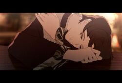  1_hcs 1boy anime_coloring arms_on_table bar_(place) black_border black_changpao blurry blurry_background border brown_hair changpao chinese_clothes closed_mouth crossed_arms expressionless eyelashes fake_screenshot grey_eyes half-closed_eyes hand_on_own_shoulder head_on_table highres indoors lamp letter letterboxed lips long_sleeves male_focus mandarin_collar marking_on_cheek nikki_(series) pink_lips pointy_nose qin_yi shining_nikki short_hair solo upper_body wide_sleeves 