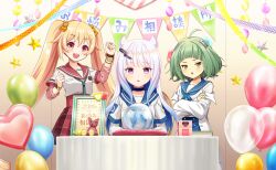  3girls ahoge annoyed arms_on_table artist_request balloon black_choker blonde_hair blue_hair blue_neckerchief blue_necktie blue_sailor_collar blue_skirt blunt_bangs book bow bracelet breast_pocket brooch brown_eyes buttons chair choker chuo_academy_school_uniform collarbone colored_inner_hair cowboy_shot crossed_arms crystal_ball dot_nose eternal_sakura eyelashes furrowed_brow game_cg garland_(decoration) gradient_hair green_eyes green_hair hair_between_eyes hair_bow hair_horns hair_ornament hairclip happy heart_balloon high-waist_skirt highres indoors jewelry kamihama_university_affiliated_school_uniform kisaki_emiri lab_coat layered_sleeves light_blush long_hair long_sleeves magia_record:_mahou_shoujo_madoka_magica_gaiden mahou_shoujo_madoka_magica mahou_shoujo_madoka_magica_magia_exedra minaminagi_liberty_academy_school_uniform miyako_hinano multicolored_hair multiple_bracelets multiple_girls neckerchief necktie official_art on_chair open_mouth orange_bow pink_sleeves pocket red_skirt ring sailor_collar school_uniform shirt short_hair short_over_long_sleeves short_sleeves sign sitting skirt sleeves_rolled_up smile standing star_(symbol) straight-on stuffed_animal stuffed_toy surprised table tareme teddy_bear teeth tsurime two-tone_hair upper_teeth_only very_long_hair violet_eyes white_hair white_shirt wristband 