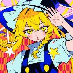  1girl absurdres arm_up asa_no_ha_(pattern) black_hat blonde_hair bow braided_sidelock buttons commentary crossed_bangs double-breasted hair_bow hat hat_bow highres kirisame_marisa open_mouth rotoi_1234 short_sleeves solo touhou white_bow witch_hat yellow_eyes 
