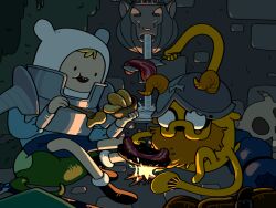  adventure_time armor backpack bacon bag blonde_hair cooking cosplay discount-supervillain dungeon_meshi facial_hair finn_the_human fire food frying_pan furry furry_male helmet highres holding holding_frying_pan horns jake_the_dog laios_touden laios_touden_(cosplay) multiple_boys senshi_(dungeon_meshi) senshi_(dungeon_meshi)_(cosplay) sitting skull vampire_king_(adventure_time) water 