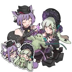  2girls animal_ears arknights artist_request bang_dream! bang_dream!_it&#039;s_mygo!!!!! black_bonnet black_dress black_gloves bonnet cat_ears cat_girl cat_tail chibi chibi_inset chinese_commentary commentary_request commission dress fang floppy_ears from_hat_trick gloves gothic_lolita green_hair hair_ornament highres lolita_fashion long_hair long_sleeves magic_trick magician magician&#039;s_wand multiple_girls nervous_sweating purple_hair rabbit_ears rabbit_girl second-party_source short_hair sidelocks speech_bubble stuffed_animal stuffed_rabbit stuffed_toy sweat tail tearing_up wakaba_mutsumi wakaba_mutsumi_(marionette&#039;s_id) x_hair_ornament yellow_eyes yuutenji_nyamu yuutenji_nyamu_(magician_of_passion) 