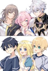  3boys 3girls ;) ahoge alice_zuberg black_coat black_eyes black_hair black_shirt blonde_hair bon@villa coat commentary_request cyrene_(honkai:_star_rail) dress eugeo green_eyes grey_hair grey_shirt hair_ornament hairband honkai:_star_rail honkai_(series) kirito locked_arms long_braid long_hair multicolored_hair multiple_boys multiple_girls one_eye_closed phainon_(honkai:_star_rail) pink_hair shirt short_hair smile stelle_(honkai:_star_rail) sword_art_online sword_art_online:_alicization trailblazer_(honkai:_star_rail) two-tone_hair very_long_hair white_coat white_dress white_hairband white_shirt yellow_eyes 