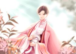  1_hcs 1boy absurdres animal blue_sky brown_hair cat chinese_clothes closed_mouth clouds cowboy_shot day downturned_eyes dutch_angle earrings floating_earrings hanfu happy high_collar highres holding holding_animal holding_cat jewelry lapels light_particles light_rays lips long_sleeves looking_at_animal male_focus mandarin_collar marking_on_cheek nikki_(series) notched_lapels outdoors parted_bangs pink_hanfu pink_robe plant qin_yi robe robe_on_shoulders shining_nikki short_hair single_earring sky smile solo standing sun sunlight tassel tassel_earrings tree two-tone_hanfu violet_eyes white_cat white_hanfu wide_sleeves 