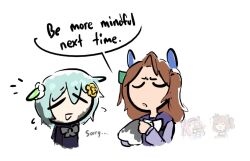  4girls animal_ears ashes aston_machan_(umamusume) bow brown_hair burger burnt burnt_clothes cleaning_rag closed_eyes crown ear_bow ear_covers eating english_text food green_bow grey_hair hair_between_eyes hair_ornament hairband hairclip haru_urara_(umamusume) headband holding holding_burger holding_food holding_rag horse_ears horse_girl king_halo_(umamusume) long_hair long_sleeves medium_hair multiple_girls open_mouth parted_lips pink_hair pink_headband ponytail purple_sailor_collar purple_serafuku purple_shirt red_headband sailor_collar sailor_shirt school_uniform seiun_sky_(umamusume) serafuku shirt short_hair simple_background single_ear_cover smile soot speech_bubble tracen_school_uniform umamusume white_bow whooie 