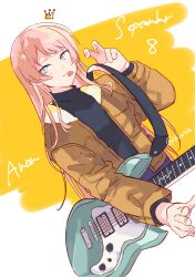  1girl absurdres bang_dream! bang_dream!_it's_mygo!!!!! black_shirt brown_jacket chihaya_anon commentary earrings electric_guitar grey_eyes guitar guitar_strap highres holding holding_guitar holding_instrument instrument jacket jewelry long_hair long_sleeves looking_at_viewer mouth_hold pink_hair plectrum plectrum_in_mouth shirt solo stud_earrings twitter_username watanuki_(enu) 
