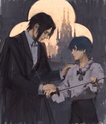  2boys black_coat black_hair black_suit blue_hair castle ciel_(kamitsubaki_studio) closed_eyes clover_print coat collared_shirt cowboy_shot ecler_ecler eyepatch hand_on_another&#039;s_shoulder head_down highres holding holding_hands holding_polearm holding_weapon kuroshitsuji lance looking_at_another multiple_boys neck_ribbon painterly polearm ribbon sebastian_michaelis shirt short_hair sidelocks smile suit weapon white_shirt 