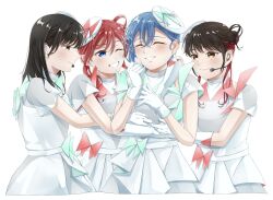  4girls black_hair blue_hair brown_eyes closed_eyes closed_mouth commentary_request earrings gloves hair_bun hands_up headset highres hug jewelry love_live! love_live!_superstar!! multicolored_hair multiple_girls official_alternate_costume one_eye_closed ookuma_wakana real_life red_eyes red_hair short_hair_with_long_locks simple_background single_hair_bun smile special_color_(love_live!) teeth two-tone_hair voice_actor voice_actor_connection wakana_shiki white_background white_gloves wotaku_jinsei_enjoy_ikioi yabushima_akane yoneme_mei 