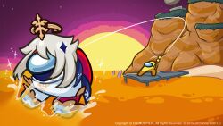  2others among_us commentary cosplay crewmate_(among_us) english_commentary fishing genshin_impact halo highres multiple_others official_art paimon_(genshin_impact) paimon_(genshin_impact)_(cosplay) puffballsunited shark_fin sun water white_hair yellow_(among_us) 