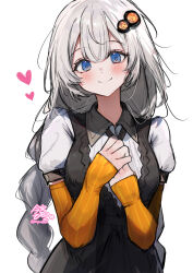 1girl absurdres blue_eyes braid breasts heart highres imamiya_pinoko kizuna_akari large_breasts long_hair own_hands_together smile solo twin_braids twintails voiceroid white_background white_hair