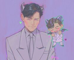  2boys black_hair chibi chibi_inset closed_eyes coat collared_shirt curtained_hair demon demon_horns demon_tail demon_wings green_outline hair_slicked_back hands_up heart highres horns multiple_boys muted_color necktie open_mouth outline pink_eyes runlikehellllll seong_gi-hun shirt smirk spread_fingers squid_game suit tail white_coat white_necktie white_shirt white_suit wings 