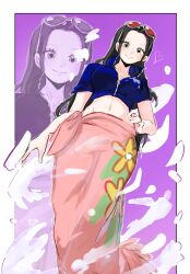  1girl black_hair blue_eyes blue_vest border commentary cropped_jacket dutch_angle eyelashes eyewear_on_head hand_on_own_hip heart high_collar highres long_hair looking_at_viewer multiple_views n_i_c0 navel nico_robin one_piece pink_sarong sarong sidelocks solo vest white_border 