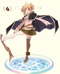  1girl ahoge belt black_cape black_capelet boots breasts brown_eyes brown_skirt cape capelet full_body hair_ornament holding jacket kirara_(kirara_fantasia) kirara_fantasia kounosu_satori long_sleeves medium_breasts miniskirt non-web_source official_art orange_hair pink_jacket pleated_skirt short_hair short_twintails single_bare_leg skirt smile solo standing star_(symbol) star_hair_ornament thigh-highs thigh_boots twintails 