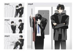  ... bag black_coat black_hair black_shirt blue_necktie chinese_text coat crossed_arms embarrassed head_down highres holding holding_pole kim_dokja leaning_on_person motion_lines necktie omniscient_reader's_viewpoint pinned pole popped_collar progression senbe81 shirt short_hair shoulder_bag spoken_ellipsis standing train_interior translation_request white_shirt yoo_joonghyuk 