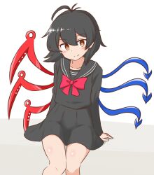 1girl adapted_costume asymmetrical_wings black_hair black_sailor_collar black_serafuku black_shirt black_skirt blush bow bowtie bright_pupils closed_mouth collarbone commentary commission dot_nose hair_between_eyes highres houjuu_nue long_sleeves looking_at_viewer mizusoba red_bow red_bowtie sailor_collar school_uniform serafuku shirt short_hair simple_background skirt smile solo split_mouth touhou white_background white_pupils wings yellow_eyes