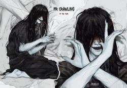  1boy black_hair black_kimono black_teeth black_tongue blood blood_on_face colored_teeth english_commentary english_text fingernails grey_background grin highres homicipher itssanlee japanese_clothes kimono long_hair long_tongue male_focus mr._crawling multiple_views saliva sharp_fingernails sharp_teeth sharp_toenails smile teeth toenails tongue veins very_long_hair zoom_layer 