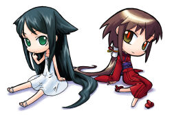  2girls archived_source arm_at_side bad_link bare_arms bare_shoulders black_ribbon brown_hair chibi closed_mouth collarbone dress dress_ribbon finger_to_face fingernails full_body futaba_channel geta green_eyes green_hair guro_cure hair_flaps hair_tubes hand_on_ground head_tilt hirai_yukio impasto japanese_clothes kimono knees_together_feet_apart kurame kusari_hime:_euthanasia legs_apart long_fingernails long_hair long_sidelocks long_sleeves looking_at_viewer mizuhiki multiple_girls no_nose no_pupils obi obiage obijime parted_bangs ponytail red_kimono red_nails red_pupils red_ribbon red_sandals red_sleeves ribbon sandals sash saya_(saya_no_uta) saya_no_uta sidelocks simple_background single_bare_foot single_hair_tube sitting skinny slit_pupils sundress tengu-geta unworn_sandals very_long_hair white_background white_dress white_sandals wide_sleeves wonder_festival yellow_eyes yellow_ribbon yokozuwari 