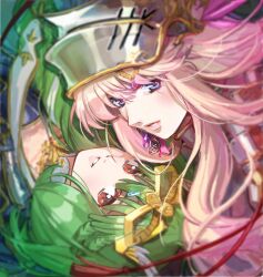  2girls armor blonde_hair blue_eyes blunt_bangs blush braid earrings green_hair hair_ornament hairclip hashtag-only_commentary helmet highres jewelry lips long_hair looking_at_viewer macross macross_frontier medium_hair multiple_girls nekkikamille parted_lips pink_hair pink_lips ranka_lee red_eyes sheryl_nome sidelocks single_earring upper_body upside-down 