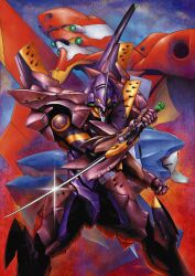  armor clenched_hand eva_00 eva_01 eva_01_type_f eva_02 evangelion_(mecha) extra_eyes f-type_equipment_(evangelion:_anima) feet_out_of_frame glint glowing glowing_eyes green_eyes hashtag-only_commentary highres holding holding_sword holding_weapon horns mecha mecha_focus nakamura_jun&#039;ichi neon_genesis_evangelion neon_genesis_evangelion_anima no_humans open_mouth robot science_fiction single_horn standing super_robot sword weapon yellow_eyes 