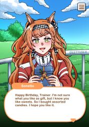  1girl :d alternate_universe animal_ears bag blue_sky character_name clouds cloudy_sky dialogue_box english_text grass green_eyes hands_up highres holding holding_bag horse_ears horse_girl incoming_gift jacket kemonomimi_mode lettuce_(lettusea) long_hair open_mouth outdoors railing red_jacket reverse:1999 sky smile solo sonetto_(reverse:1999) tracen_training_uniform track_jacket tree twitter_username two_side_up umamusume upper_body user_interface 