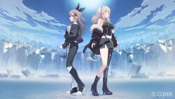  2girls ahoge animal_ears black_boots black_bow black_jacket black_pants black_pantyhose black_shirt black_shoes boots bow breasts commentary_request copyright_notice crop_top cropped_shirt day double-parted_bangs full_body fur-trimmed_jacket fur_trim grey_eyes grey_hair grey_skirt hair_between_eyes hair_bow high_heel_boots high_heels hololive isaki_riona jacket jewelry knee_cutout large_breasts lion_ears lion_girl lion_tail long_hair midriff miniskirt multiple_girls navel necklace o-ring o-ring_thigh_strap off_shoulder official_art one_side_up outdoors pants pantyhose red_eyes robotta shirt shishiro_botan shishiro_botan_(1st_costume) shoes sidelocks single_leg_pantyhose skirt sleeveless sleeveless_shirt sneakers standing tail thigh_strap torn_clothes torn_pantyhose two-tone_pants two_side_up virtual_youtuber white_pants white_shirt zipper_skirt 