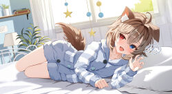  1girl absurdres animal_ears blue_eyes blue_pajamas brown_hair claw_pose collarbone commentary_request commission dog_ears dog_girl dog_tail fang gao hasuki_rui heterochromia highres indie_virtual_youtuber indoors lying on_bed on_side open_mouth pajamas plant potted_plant red_eyes short_hair sikimosh skeb_commission skin_fang solo speech_bubble tail virtual_youtuber 