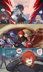  ! !! 1girl 1other 2boys alternate_costume among_us barbara_(genshin_impact) black_(among_us) blonde_hair blood blue_(among_us) blue_hair cartoon_bone character_request commentary corpse cosplay crewmate_(among_us) crossover dark-skinned_male dark_skin diluc_(genshin_impact) english_commentary family_guy_death_pose_(meme) fine_art_parody genshin_impact hands_on_own_head highres kaeya_(genshin_impact) meme multiple_boys open_mouth paimon_(genshin_impact) paimon_(genshin_impact)_(cosplay) parody pointing pointing_at_another pointing_spider-man_(meme) push-button red_(among_us) red_eyes red_hair shocked_black_guy_(meme) spacecraft spacesuit speech_bubble srro_yo the_creation_of_adam wide-eyed yellow_(among_us) 