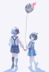  1boy 1girl aged_down amethio_(pokemon) ankodesoy balloon black_hair blue_eyes closed_mouth colored_inner_hair commentary_request dress from_behind highres holding holding_hands liko_(pokemon) looking_back multicolored_hair pokemon pokemon_(anime) pokemon_horizons shirt shoes short_sleeves shorts socks standing suspenders white_background 