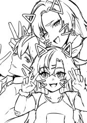  1boy 2girls absurdres animal_ears cat_ears family father_and_daughter highres if_they_mated lineart long_hair looking_at_viewer mother_and_daughter multiple_girls nicole_demara open_mouth short_hair tian_kazuki v whiskers wise_(zenless_zone_zero) zenless_zone_zero 