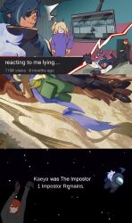  1girl 1other 2boys :| alternate_costume among_us blonde_hair blood blue_hair cartoon_bone closed_eyes closed_mouth commentary corpse crewmate_(among_us) crossover dark-skinned_male dark_skin diluc_(genshin_impact) dragging english_commentary english_text eyepatch fine_art_parody fischl_(genshin_impact) genshin_impact hand_up highres kaeya_(genshin_impact) lying meme monitor multiple_boys on_stomach parody red_(among_us) red_hair spacecraft spacesuit srro_yo the_creation_of_adam yeet_(meme) 