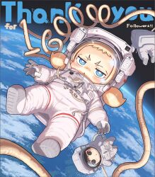  3girls :&lt; astronaut black_eyes black_hair blonde_hair blue_eyes closed_mouth commentary_request earth_(planet) helmet kozato_(yu_kozato) little_blonde_girl_(kozato) looking_at_viewer low_twintails milestone_celebration multiple_girls original planet shoe_soles short_eyebrows space space_helmet spacesuit thank_you thick_eyebrows twintails v-shaped_eyebrows 