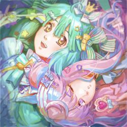  2girls aqua_bow aqua_bowtie blunt_bangs blush bow bowtie dress frilled_dress frills green_bow green_bowtie green_hair hair_between_eyes hair_ornament hair_ribbon hairclip hashtag-only_commentary heart heart_hair_ornament highres holding long_hair looking_at_viewer macross macross_frontier medium_hair multiple_girls nekkikamille open_mouth parted_lips pink_eyes pink_hair ranka_lee ribbon sheryl_nome sidelocks star_(symbol) star_hair_ornament teeth upper_body upper_teeth_only upside-down yellow_eyes 