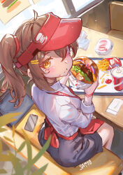  absurdres apron blush brown_hair burger business_suit cellphone closed_mouth drink drinking_straw employee_uniform fast_food fast_food_uniform food food_in_mouth food_on_face french_fries hair_ornament hairband hairclip highres holding holding_burger holding_food ketchup looking_at_viewer looking_to_the_side napkin one_eye_closed original phone plant ponytail red_apron red_hairband samyo sitting soda suit thick_eyelashes window yellow_eyes 