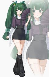 1girl dark_green_hair folding_fan long_hair qingyi_(zenless_zone_zero) twintails zenless_zone_zero