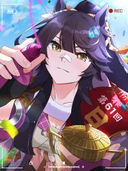  1girl animal_ears bandaid bandaid_on_face bandaid_on_nose black_hair blue_sky blush breasts chest_sarashi closed_mouth collarbone confetti ear_ornament hair_between_eyes highres holding holding_marker holding_trophy horse_ears horse_girl jacket long_hair looking_at_viewer marker midriff naegi_happy narita_brian_(umamusume) open_clothes open_jacket ponytail sarashi shirt skirt sky trophy umamusume viewfinder yellow_eyes 