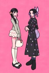  2girls black_hair butterfly_hair_ornament commentary_request dress full_body hair_bun hair_ornament hand_fan highres holding holding_fan kimetsu_no_yaiba kochou_shinobu long_sleeves looking_at_viewer multiple_girls pink_background purple_hair side_ponytail simple_background skirt socks takeuchi_ryousuke tsuyuri_kanao violet_eyes white_skirt white_socks 