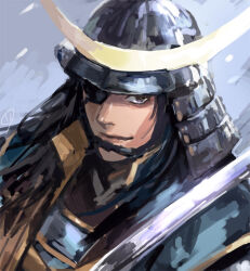  11mtri 1boy armor black_hair brown_eyes closed_mouth date_masamune_(sengoku_basara) eyepatch helmet japanese_armor kabuto_(helmet) looking_to_the_side male_focus one_eye_covered samurai sengoku_basara sideways_glance smile solo sword upper_body weapon 