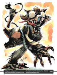  1boy animal_ears axel_medellin brown_fur claws creature_commandos cross-eyed dated dc_comics deviantart_username facebook_username fangs instagram_username open_mouth painting_(medium) signature tail traditional_media tumblr_username twitter_username watercolor_(medium) weasel_boy weasel_ears weasel_tail 