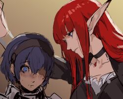  1boy 1girl against_wall assertive_female blue_eyes blue_hair blush height height_difference highres hulkenberg_(metaphor:_refantazio) larger_female metaphor:_refantazio nervous_sweating non-web_source peperon_(peperou) pointy_ears protagonist_(metaphor:_refantazio) red_hair short_male shy size_difference sweat tall_female 