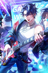  1boy 2girls absurdres belt black_belt black_hair black_pants blue_hair blue_jacket brown_hair chain chain_necklace character_request commentary cowboy_shot electric_guitar genshin_impact grey_eyes grin guitar hair_between_eyes highres holding holding_guitar holding_instrument instrument jacket jewelry korean_commentary long_hair long_sleeves looking_at_viewer mouth_hold multiple_girls necklace open_clothes open_jacket pants parted_bangs plectrum plectrum_in_mouth pponnya shirt short_hair sigewinne_(genshin_impact) sleeveless sleeveless_shirt sleeveless_turtleneck smile solo_focus standing turtleneck turtleneck_shirt white_shirt wriothesley_(genshin_impact) 