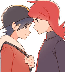  2boys arm_up backwards_hat baseball_cap black_hair black_jacket chueog ethan_(pokemon) eye_contact from_side frown grey_eyes hat highres hood hood_down hooded_jacket jacket looking_at_another male_focus medium_hair multiple_boys parted_bangs pokemon pokemon_hgss red_hair red_jacket short_hair silver_(pokemon) simple_background smile upper_body white_background 