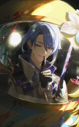  1boy 1girl absurdres among_us armor asymmetrical_armor asymmetrical_hair bilingual_commentary black_armor black_gloves blood blood_on_clothes blood_on_face blood_on_weapon blue_hair chromatic_aberration crewmate_(among_us) crossover curtained_hair dead_body_(among_us) finger_to_mouth flower genshin_impact glint gloves hair_behind_ear hair_between_eyes hair_over_shoulder half_gloves hand_up haran_geppaku_futsu_(genshin_impact) highres holding holding_sword holding_weapon index_finger_raised isobe47 jacket japanese_armor kamisato_ayato light_particles long_sleeves lumine_(genshin_impact) male_focus medium_hair mixed-language_commentary mole mole_under_mouth one_eye_closed parted_bangs popped_collar purple_shirt reflection reflection_focus shirt shoulder_armor single_sode smile sode sword violet_eyes weapon white_flower white_jacket 