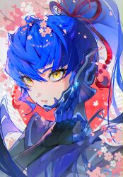  1boy absurdres androgynous armor asymmetrical_hair blue_bodysuit blue_hair blush bodysuit commentary eyelashes flower hair_between_eyes high_ponytail highres long_hair looking_at_viewer male_focus parted_lips pink_flower pink_lips ponytail portrait protagonist_(smtv) shin_megami_tensei shin_megami_tensei_v shin_megami_tensei_v:_vengeance smile solo themoonrabbit very_long_hair yellow_eyes 