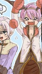 2boys acolyte_(ragnarok_online) arms_up blue_background brown_pants cassock coat commentary_request cowboy_shot crab_claw fake_wings fang gloom_(expression) green_eyes grey_hair head_wings high_priest_(ragnarok_online) long_sleeves lowres male_focus multicolored_coat multiple_boys oekaki open_mouth pants pointy_ears purple_coat purple_hair ragnarok_online red_coat short_hair smile spoken_sweatdrop susukinohukurou sweatdrop two-tone_coat variant_set white_coat wings 