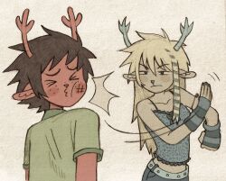  &gt;3&lt; 1boy 1girl ^^^ aged_down animal_ears antlers arm_warmers bare_shoulders blonde_hair blue_bow blue_eyes blue_shirt blue_shorts blue_streaks blush_stickers bow breasts brown_hair carol_holiday closed_eyes colored_pencil_(medium) commentary deer_antlers deer_boy deer_ears deer_girl deltarune english_commentary furry furry_female furry_male graphite_(medium) green_jacket highres horns jacket long_hair medium_hair midriff multicolored_hair raccoon_tails_(hairstyle) rudolph_holiday shirt shorts sidelocks slap_mark slap_mark_on_face slapping sleeveless sleeveless_shirt small_breasts streaked_hair striped_arm_warmers szivarvanyturmix02 traditional_media two-tone_hair utdr_(toby_fox) 