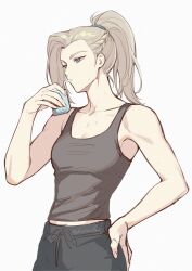  1girl black_pants black_tank_top blue_eyes braid drinking grey_hair hand_on_own_hip highres holding_juice_box juice_box luo_xiaohei_zhanji luye_(the_legend_of_luoxiaohei) pants ponytail simple_background siri_nunuko solo tank_top white_background 