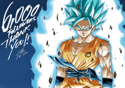  1boy aura blue_background blue_eyes blue_hair blue_sash blue_shirt cowboy_shot dated dougi dragon_ball dragon_ball_super dragon_ball_z dragon_ball_z_fukkatsu_no_f english_text forest_1988 male_focus medium_hair milestone_celebration muscular muscular_male orange_shirt pants sash shirt signature simple_background smirk solo son_goku spiky_hair super_saiyan super_saiyan_blue thank_you 